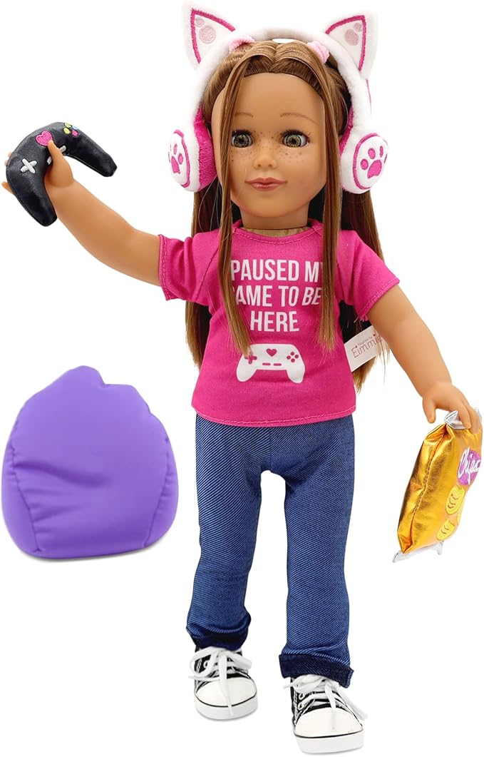 Playtime by Eimmie 18 Inch Doll Clothes and Accessories - Gamer Girl Outfit with Shoes, Clothing Sets & Stuff - Fits American, Generation & Other 18" Dolls for Girls
