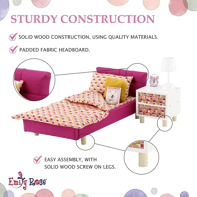 Emily Rose 18" Pink Fabric Bed Bedroom Set with Bedding, Nightstand, Clothes Storage Bins, Working Lamp & Alarm Clock | 14-18 inch Doll Wooden Furniture Gift Set for Little Girls Kids