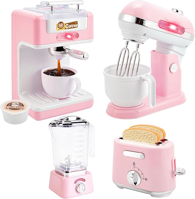 Play Kitchen Toys,Pretend Play Food Kitchen Accessories Girls Toy with Coffee Maker,Mixer,Toaster,Blender with Realistic Lights & Sounds,Birthday Gift for Kids Ages 3+(Pink)