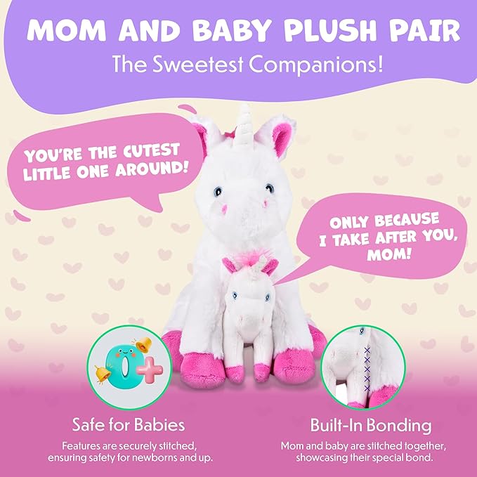 Mom and Baby Stuffed Animals for Boys & Girls, Safari Baby Shower Decorations, Nursery Decor, Zoo Animals for Toddlers, Quality Realistic Toys Kids Will Love, Soft, Huggable, Squeezable (9.5" Unicorn)