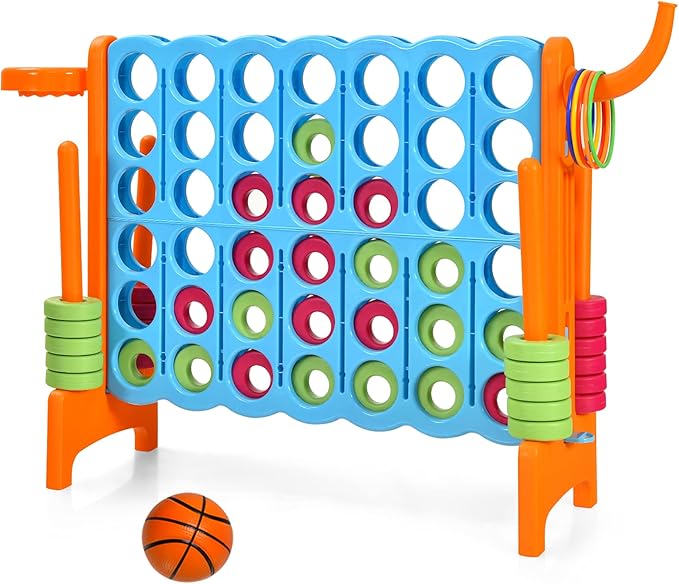 Costzon Giant 4-in-A-Row, Jumbo 4-to-Score Giant Game w/Basketball Hoop, Ring Toss, Quick-Release Slider, 42 Jumbo Rings, Indoor Outdoor Family Connect Game for Kids & Adults, Backyard Games, Orange