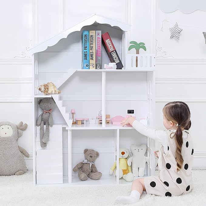 Dollhouse Bookshelf, Wooden Kids Bookshelve Children Doll House Toy Storage 3-Tier Bookcase for Books Gift for Girls Ages 3-7+