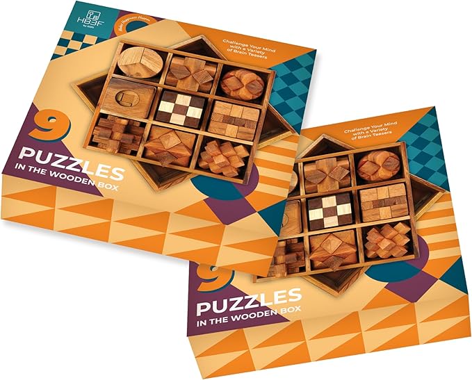 BSIRI 9 in 1 Wooden Brain Teaser Puzzles for Adults Teens and Kids Box Set for All Ages Wood Hard Level 10 Impossible Mind Games 3D Puzzle Sets for Decoration and Mini Toys.