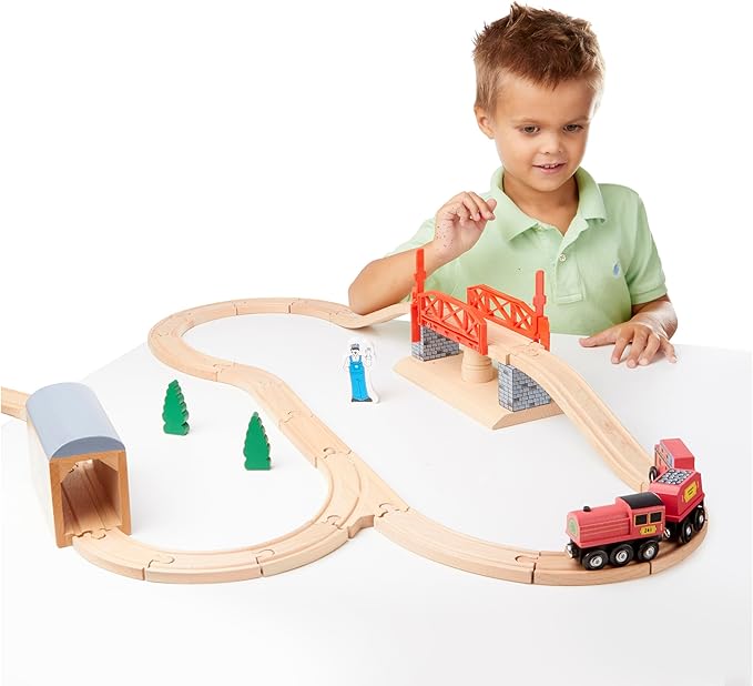 Melissa & Doug Swivel Bridge Wooden Train Set (47 pcs) - Wooden Train Set For Kids Ages 3+