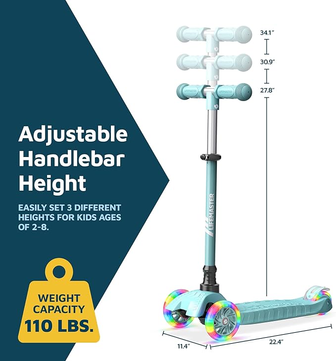 Kids Scooter – Children and Toddler 3 Wheel Kick Scooter – LED Wheel Lights Illuminate When Rolling– Adjustable Handlebar – Indoor and Outdoor