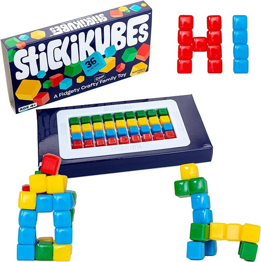 KOMARC GAMES StickiKubes, Mini Stacking Cubes That Stick to Anything, Non Toxic Kid Safe Sticky Blocks, Creative Construction Toy - 36 Cubes, 4 Colors, Display Easel
