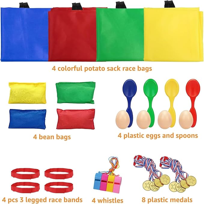 32 Pcs Outdoor Games Potato Sack Race Bags for Kids Adults, Bean Bag Toss Game, 3 Legged Race Bands, Egg Spoon Relay Race Game, Carnival Outside Yard Lawn Games for Easter Christmas Birthday Party