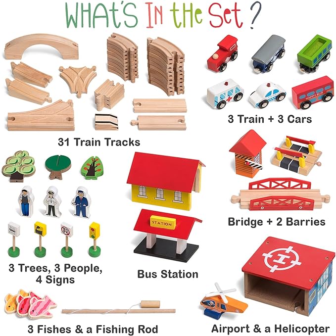 Wooden Train Set - 69 Pieces Wooden Train Tracks & Trains for Kids, Toddler Boys and Girls 3,4,5 Years Old and Upโ Premium Wood Construction Toys -Fits Thomas, Brio, IKEA, Melissa and Doug