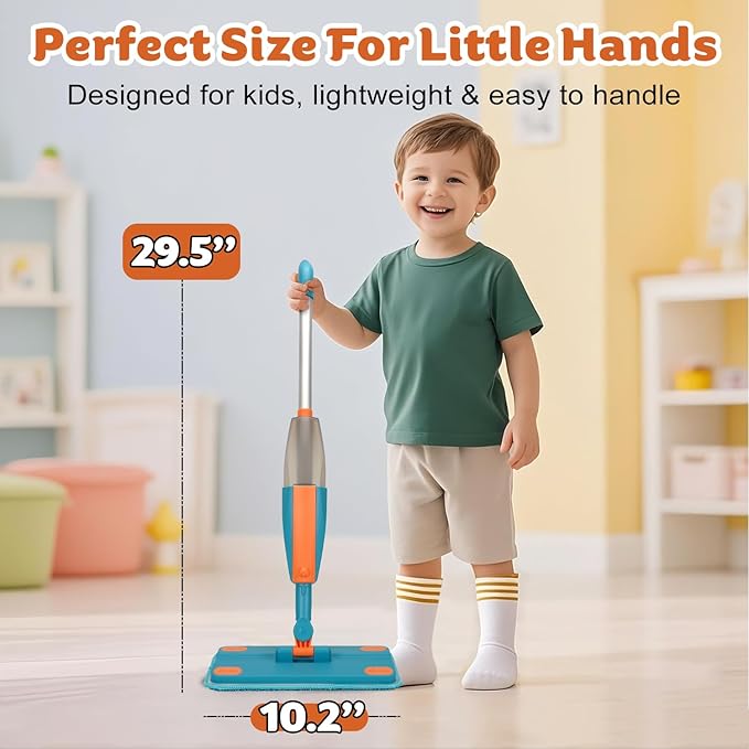 Kids Spray Mop - Real Working Toddler Cleaning Toy Set with Water Sprayer & 2 Washable Pads - Montessori Mini Mop & Sweeper - Interactive Learning Toys for Kids Ages 3+