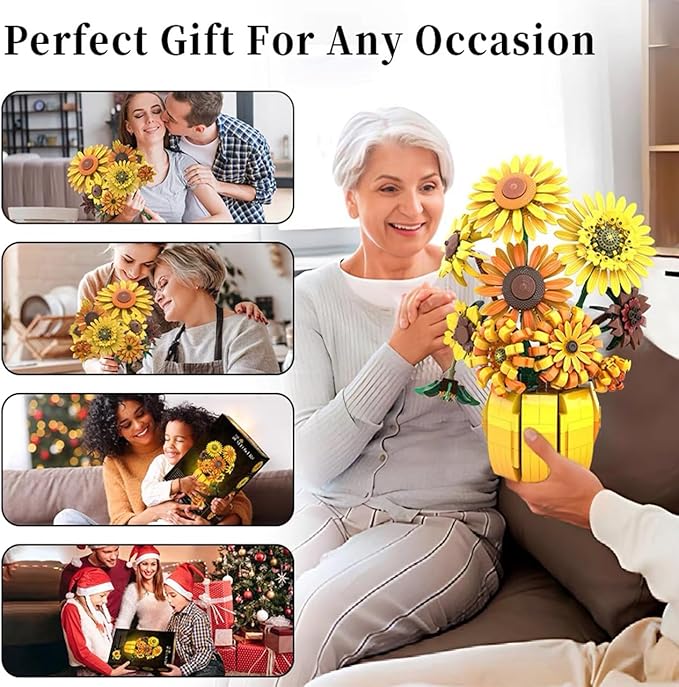 Simulation Sunflower Building Blocks Kit 1009PCS, Artificial Flowers Botanical Collection for Adults 14+, Van Gogh Flowers DIY Home Décor Office Desk, Compatible with Lego Valentine's Day Mother's Day