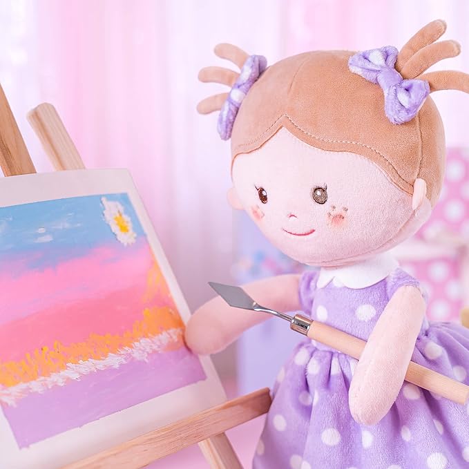 Onetoo Plush Rag Doll First Baby Doll Soft Baby Doll Sleeping Cuddle Buddy Doll for Girls Wear Purple Polka Dot Dress 14"(Milly Series)