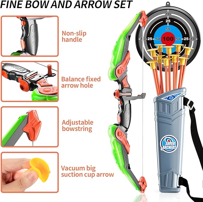 Bow and Arrow Set for Kids - LED Light Up Archery Toy Set - Includes 10 Suction Cup Arrows, Target & Quiver, Indoor & Outdoor Kids Archery Boys Toys