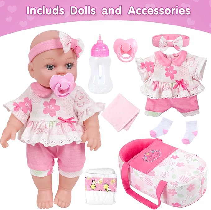 DONTNO 12 Inch Pink Baby Doll with Bassinet Bed,Reborn Baby Doll Includes Clothes and Accessories,Bottles,Nipple,Burp Cloth,Diaper,First Baby Dolls for Toddlers 36 Months and Up