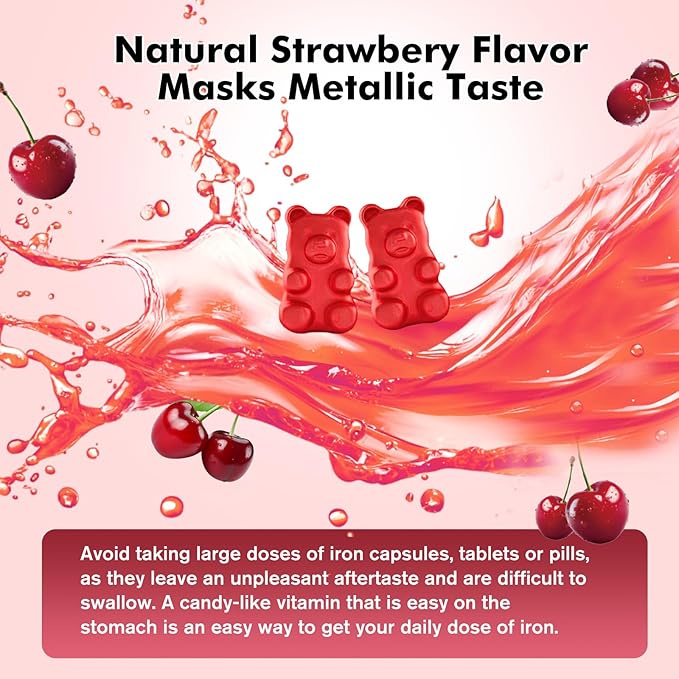 Iron Supplement for Women & Men Gummies, Multivitamin Blood Builder Iron Supplement with Folate Vitamin C B12 B6 Zinc for Adults & Kids - Energy Support - Cherry Flavor, Vegan 60 Gummies