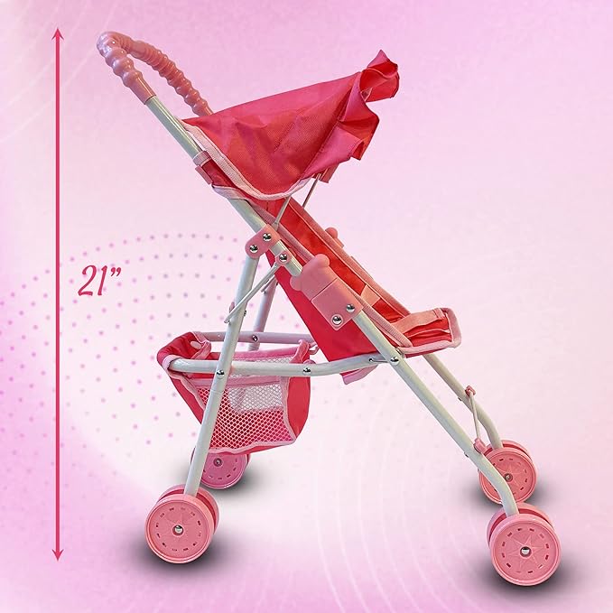 My First Baby Doll Stroller for Toddlers 3 Year Old Girls, Little Kids | Folding Baby Stroller for Dolls, Toy Stroller for Baby Dolls with Bottom Storage Basket, Foldable Frame, Canopy, Seatbelt