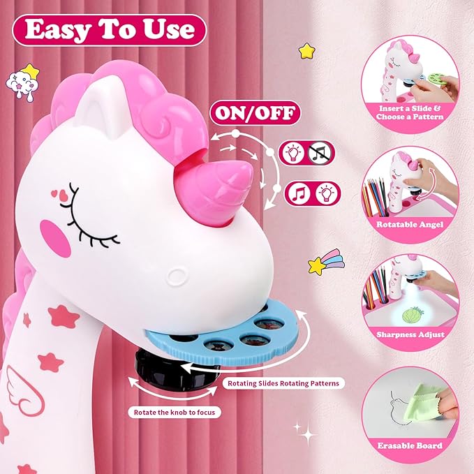 Drawing Projector for Kids, Art and Crafts, Drawing Board with Music, Color Pens, Pencils, Crayons, Scrapbook, Unicorn Sticker Book, Ideal Toy for 3+ Year Old Girls & Boys (Unicorn Kit)