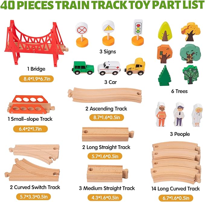 Wooden Train Set for Kids Ages 4-8, Wood Train Track with Magnetic Toy Train Accessories for Toddlers 3-5 Year Old Boy & Girl, Railway Set Road Sign Fit Major Brand Christmas Toy (40 Pieces)
