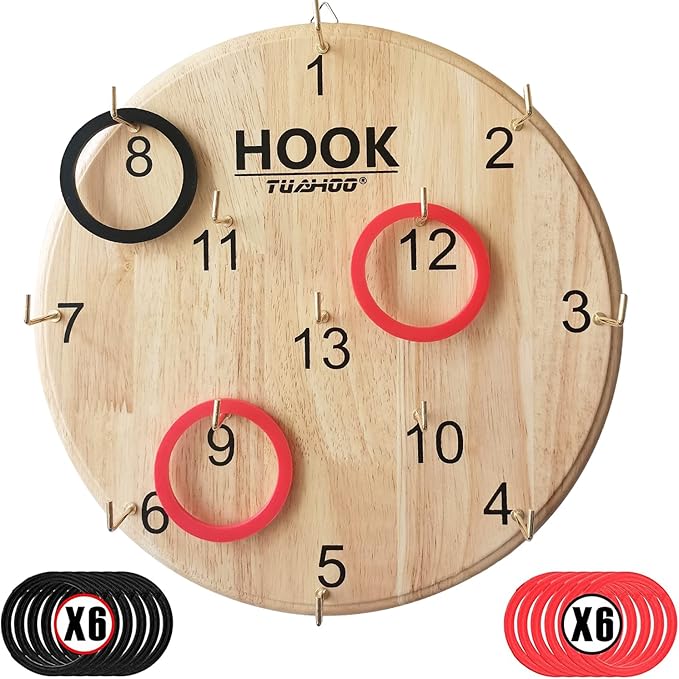 Hook Ring Toss for Kids Adults Indoor Outdoor Family Fun, Wooden Board Darts Wall Game for Game Room, Man Cave, Dorm, Yard Hookey Ring Tossing Games for Home, Party, Office, Backyard
