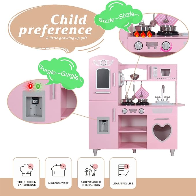 TaoHFE LED Upgrade Kitchen Set for Kids Wooden Play Kitchen LED Gas Tray with Sound Toy Kitchen Sets for Girls Gift Enjoy Cooking with Lights and Sounds Pink Kitchen for Toddlers Kids Kitchen Playset