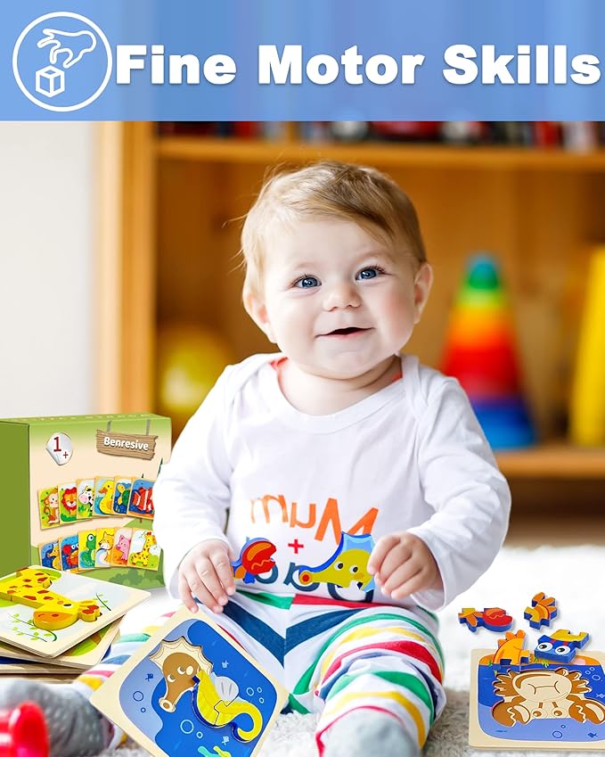Benresive Wooden Toddler Puzzles Ages 1-3, Montessori Toys for 1 2 3 Year Old Boys Girls, 12 Pack Animal Toddler Toys Gifts for 1 2 3 Year Old Boys Girls, Learning Educational Preschool Toys