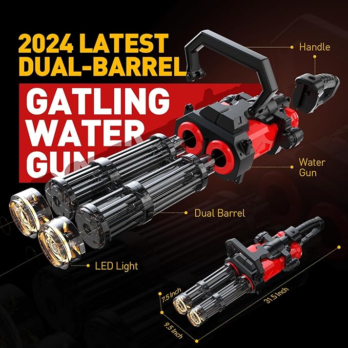 Gatling Electric Water Gun for Adults & Kids, Dual-Barrel, Up to 49FT Most Powerful Automatic Squirt Gun with LED Water-Sensor, Large Water Tank & Battery, Outdoor Pool Toy, Summer Toys for Parties