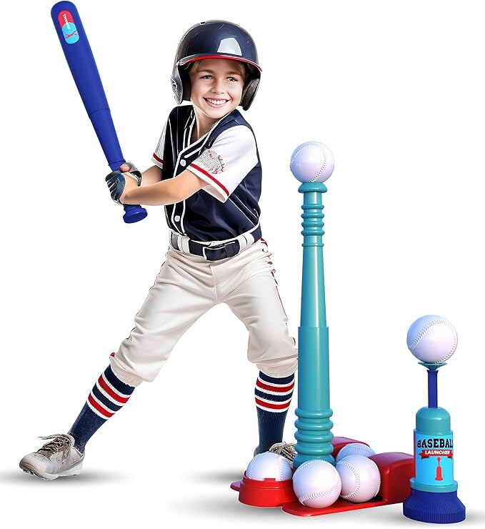 T Ball Stand for Kids and Toddlers 1-3, 3-5, 5-8. Baseball Set With 6 Large Balls, Adjustable Tball Batting Tee, and Pitching Machine. T-Ball Sets With Bat and Ball