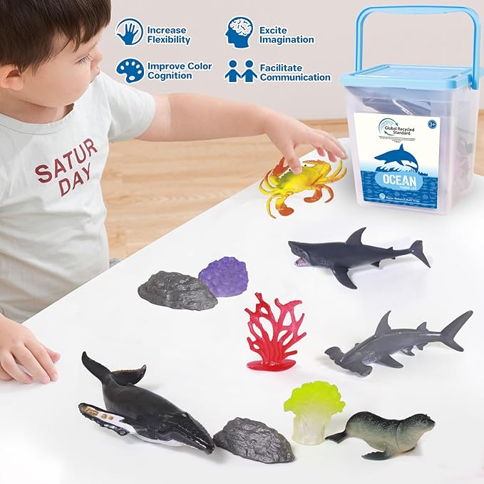 Ocean Sea Animal Figure Toys for Kids 3-5, Realistic Sea Life Figures Animal Toys Sand Toys Beach Bath Playset Include Shark, Whale, Corals, Seagrass, Crab, Octopus, Turtle for Toddler, Boys & Girls