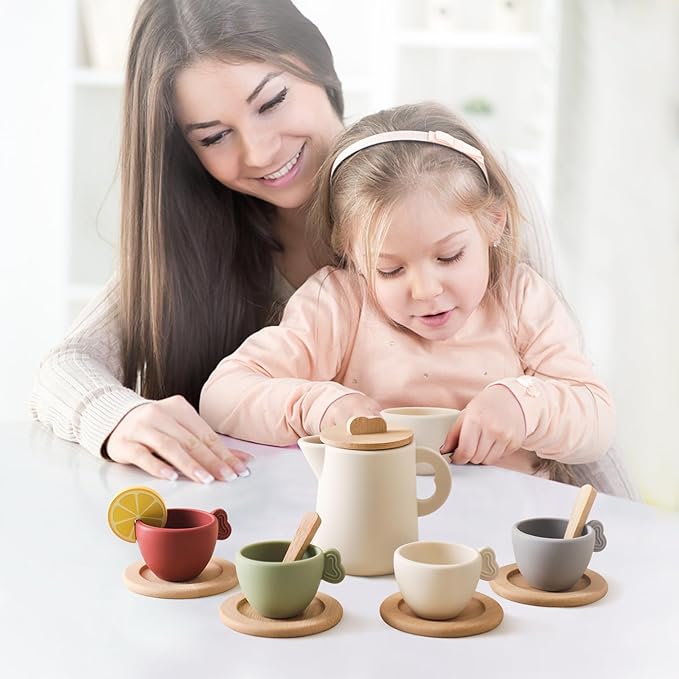 Wooden Tea Party Set for Little Girls 14pcs Toddler Tea Set with Silicone Teapot Cups Carrying Tray Scoop Kids Kitchen Accessories Pretend Play Wooden Toys for 3 4 5 6 Year Old Girl Birthday Gift