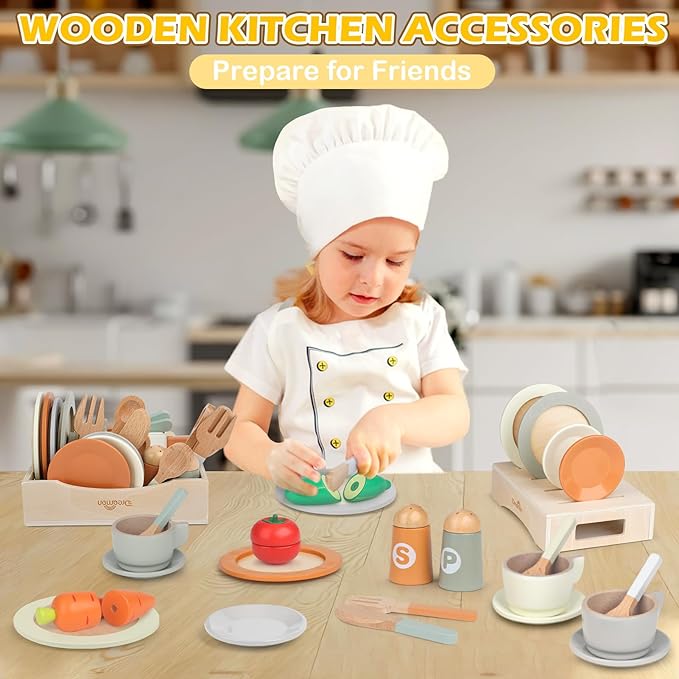 Wooden Play Dishes and Plates for Kids Kitchen Set, 27 PCS Wooden Play Kitchen Accessories, Kitchen Toy for Toddlers Boys Girls 3 4 5 6