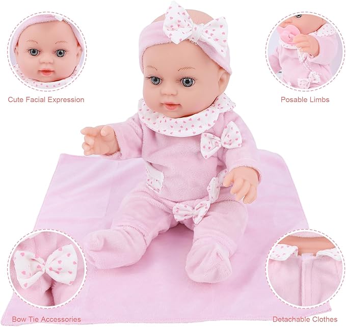 12 Inch Baby Doll Playset with Dolls Clothes and Accessories First Baby Dolls for Toddlers 3 Years and Up Includes Bassinet Bed, Blanket, Bottles, Nipple, Diaper, Toys
