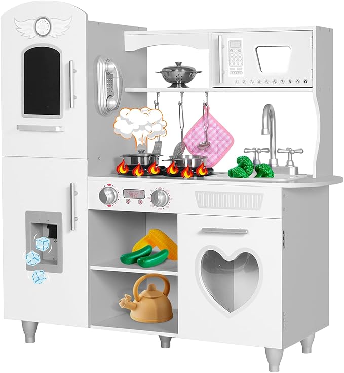 TaoHFE LED Upgrade Kitchen Set for Kids Wooden Play Kitchen LED Gas Tray with Sound Toy Kitchen Sets for Girls Gift Enjoy Cooking with Lights and Sounds White Kitchen for Toddlers Kids Kitchen Playset
