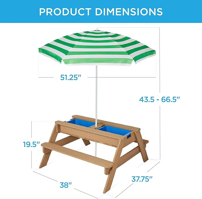 Best Choice Products Kids 3-in-1 Sand & Water Table, Wood Outdoor Convertible Picnic Table w/Umbrella, 2 Trays, Removable Top, 220lb Capacity Per Bench -Green