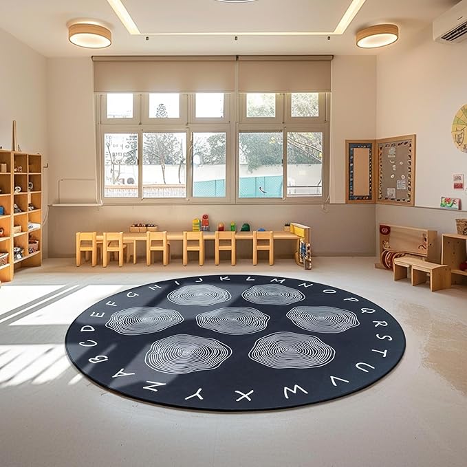 Large Classroom Rugs, ABC Alphabet Educational Area Rug for Kids,6ft Non-Slip Circle Abstract Carpet for Girls and Boys Bedroom,Carpet for Elementary Classroom,Play Rug 7 Seats,Nursery Rugs Washable