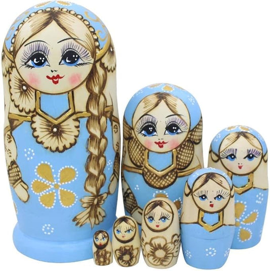 Winterworm® Cute Little Girl with Big Braid Handmade Matryoshka Wishing Dolls Russian Nesting Dolls Set 7 Pieces Wooden Kids Gifts Toy Home Decoration Sky Blue