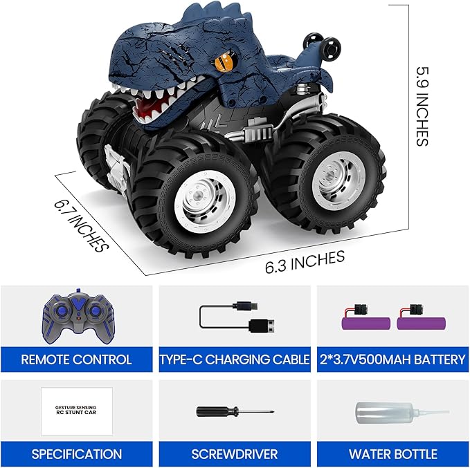 Tecnock Remote Control Monster Trucks Car, 360° Rotating RC Cars for Boys, 2.4GHz Dinosaur Toys with Spray, Light & Sound, Toys for Kids 6 7 8 Year Olds, Gift for Boys and Girls