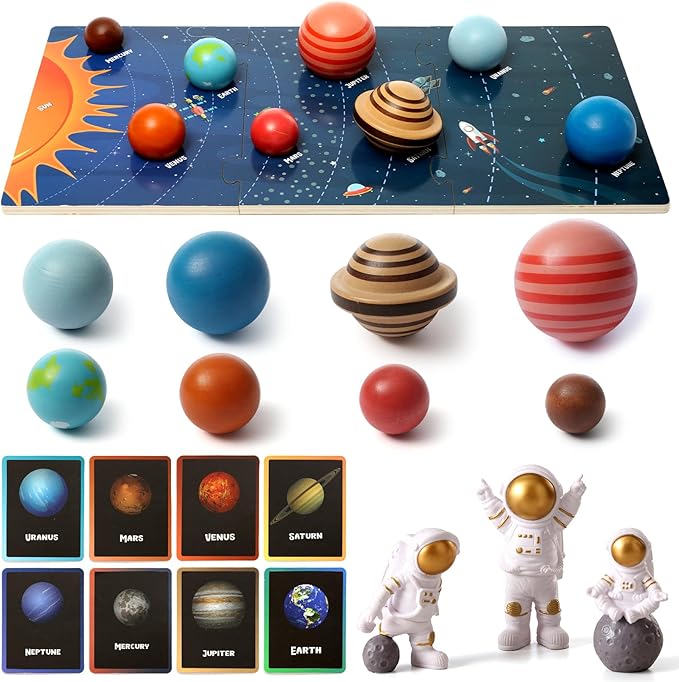 Wooden Solar System Model Board,Kids Solar System with Astronauts ,Montessori Planet Toys,Educational Planets Balls,Preschool Learning Puzzle,Space Knowledge Flash Cards Learning Toys for Kids