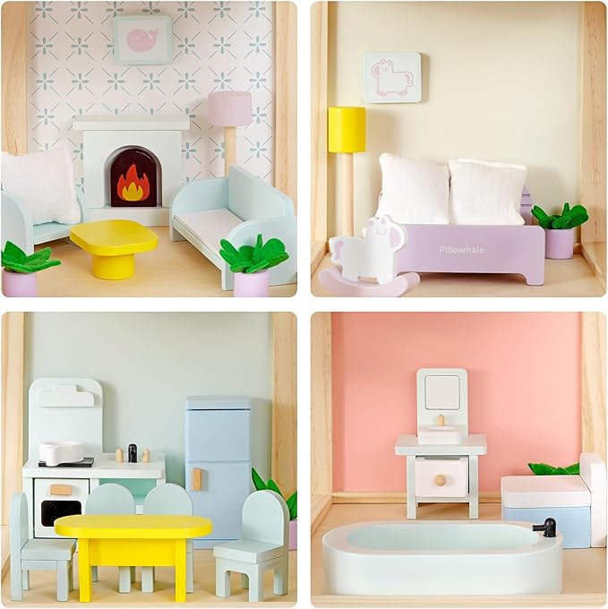 Wooden Dollhouse, Doll House with 38Pcs Furniture Accessories,3 Story Large Doll House, 6 Rooms Pretend Dollhouse, Gift for Girl Ages 3+