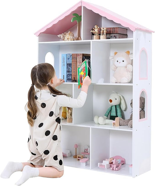Wooden Dollhouse Bookshelf 4-Tier Children's Bookcase Display Storage Doll House Organizer Furniture for Kids Bedroom Playroom Nursery Kindergarten Gift for Boys Girls Ages 3-8 Years Old