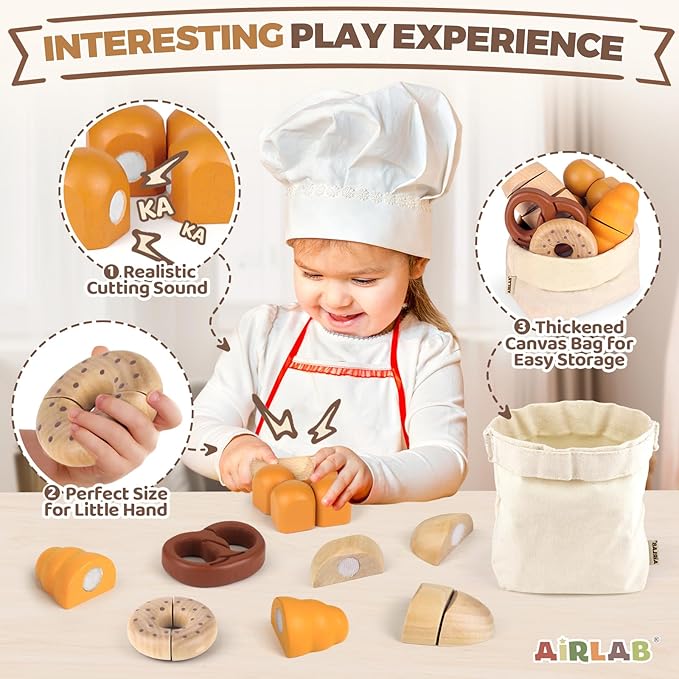 Wooden Play Food Bakery Toy Sets for Kids Kitchen Grocery Pretend Food Accessories Playsets for Toddler 1-3 Ages 4-8 Birthday Gift for Boys Girls Educational Toys