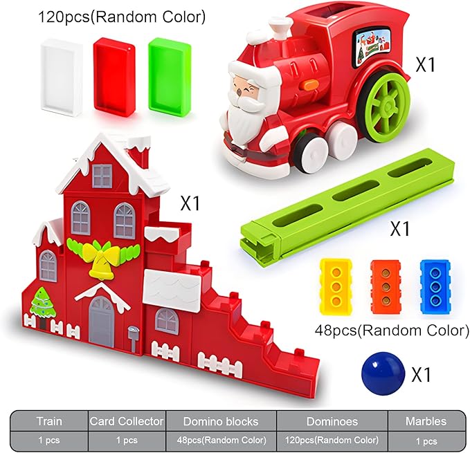 B-Qtech Domino Train Toy Set for Kids Christmas House, Automatic Electric Domino Train Dominoes Blocks Stacking Toys Creative Games New Year Gifts for Kids Boys Grils Ages 3-5 5-8