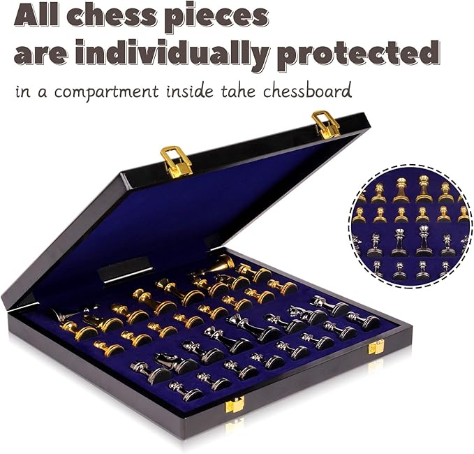 Metal Chess Set for Adults and Kids – Marbling Chess Board with Chess Pieces – Travel Chess Sets with Extra Queens with zinc Alloy Metal Pieces – Ideal for Beginners and Professional Players
