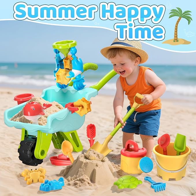 Beach Sand Toys for Kids - Beach Toy Trolley Car with Shovel Tool Kit, Beach Bucket & Animal Molds - Summer Outdoor Gift Sensory Sand Toys for Boys Girls Toddlers 3-5