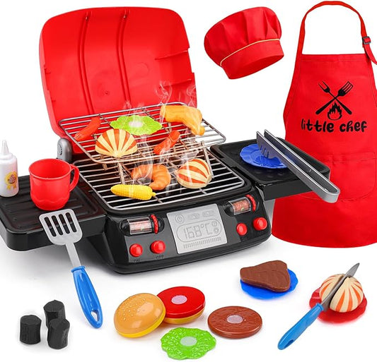Kids Grill Playset Kitchen Toys with Apron Hat for Cooking Food Smoke Light Outdoor Pretend Play Accessories BBQ Outside Camping Barbecue Toddler Boy Toy 2 3 4 5 Year Old 4-8 Birthday Gift Valentine
