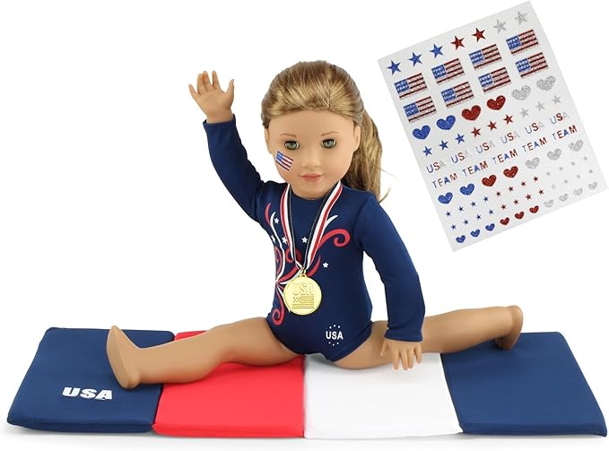 Emily Rose 18 Inch Doll Clothes 4-PC Gymnastics Sports Outfit & Accessories Set with Medal and Face Stickers - Gymnast Toy | Doll Not Included | USA Business | Compatible with 18" American Girl Dolls