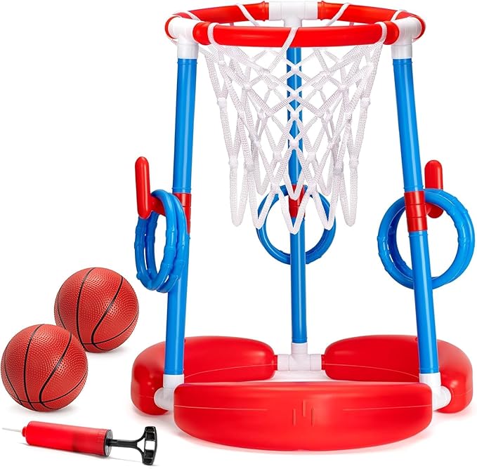 GMAOPHY Pool Basketball Hoop, 2-in-1 Poolside Floating Pool Basketball Game, Swimming Pool Games for Kids Adults Indoor Outdoor Play, Water Play Toy Family Party, Includes Hoop, Balls, Pump