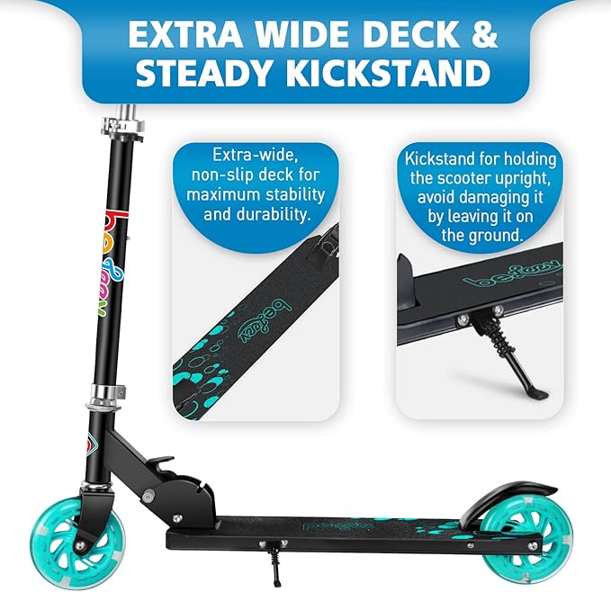 BELEEV V1 Scooters for Kids, 2 Wheel Folding Kick Scooter for Girls Boys, 3 Adjustable Height, Light Up Wheels, Lightweight Scooter with Sturdy Frame, Kickstand for Children 3 to 12 Years Old