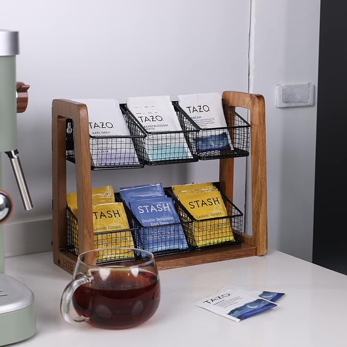 HTB 2 Tier Tea Organizer for Tea Bags, Tea Bag Holder with Acacia Wood Stand and 6 Removable Metal Basket for Sugar Packets, Sweeteners, Creamers for Cabinet, Countertop or Wall-mounted