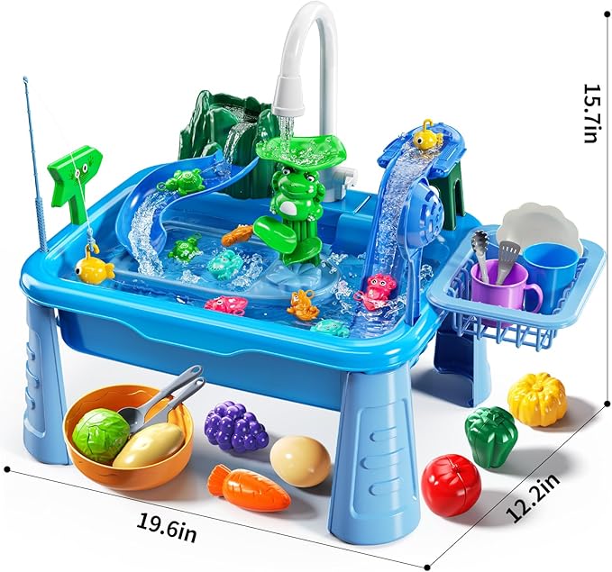 Water Table Play Sink Toy for Kids 2 3 4 5 6 Years Old - Outdoor Kitchen with Running Water, Fishing Games, Toddler Water Play Table for Kids Ages 3-8, Beach Outdoor Toys, Summer Gifts