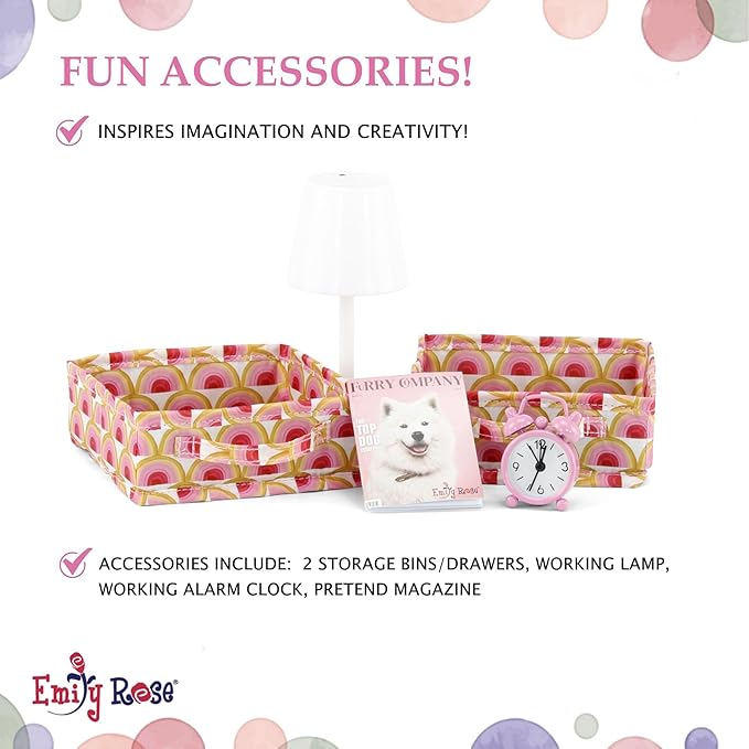 Emily Rose 18" Pink Fabric Bed Bedroom Set with Bedding, Nightstand, Clothes Storage Bins, Working Lamp & Alarm Clock | 14-18 inch Doll Wooden Furniture Gift Set for Little Girls Kids