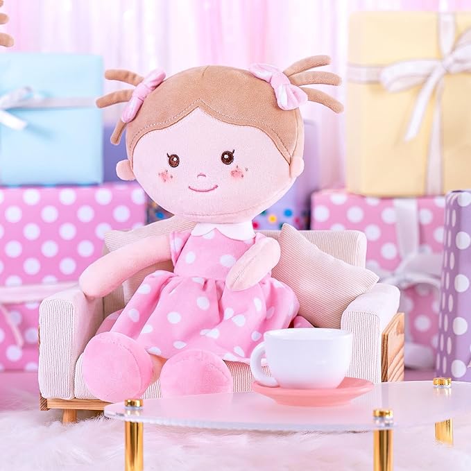 Onetoo Plush Rag Doll Sleeping Cuddle Buddy Doll Soft Baby Doll for Girls First Baby Doll Wear Pink Skirt Dress 14"(Milly Series)